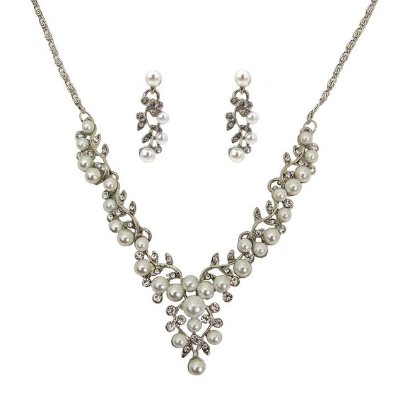 White pearl and crystal necklace and earring set in a V shape neck design, - Picture 1 of 8